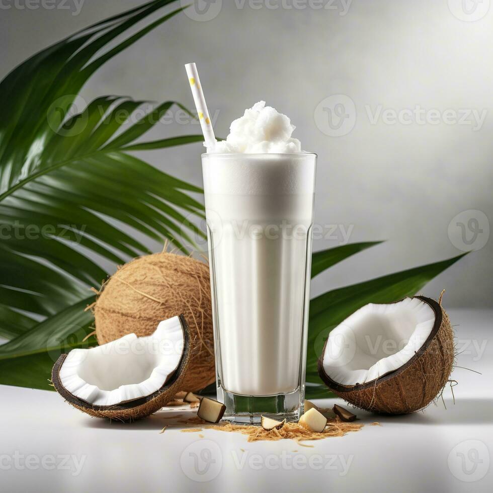 AI generated Coconut milk shake glass with fresh sliced coconut. Generative AI photo