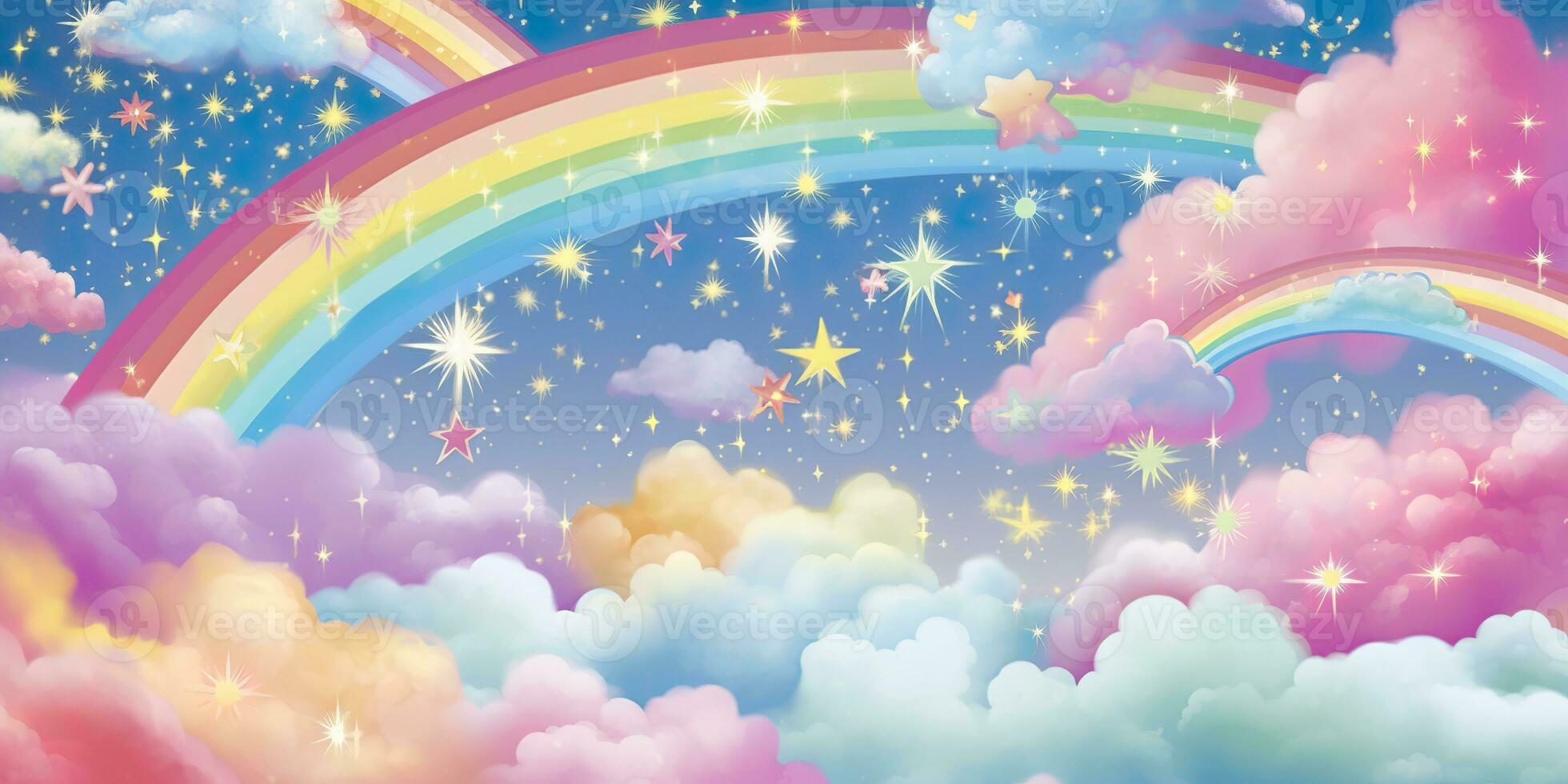 AI generated Fantasy sky rainbow. Fairy skies rainbows colors, magic landscape and dream sky. Generate Ai photo