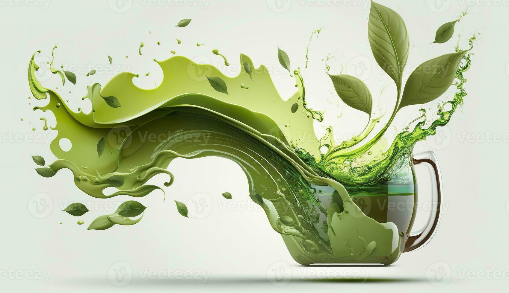 AI generated Green herbal tea wave splash with leaves flow. AI Generated photo