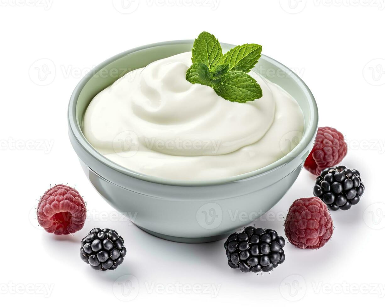 AI generated Green bowl of greek yogurt and fresh berries isolated on white background. AI Generated photo