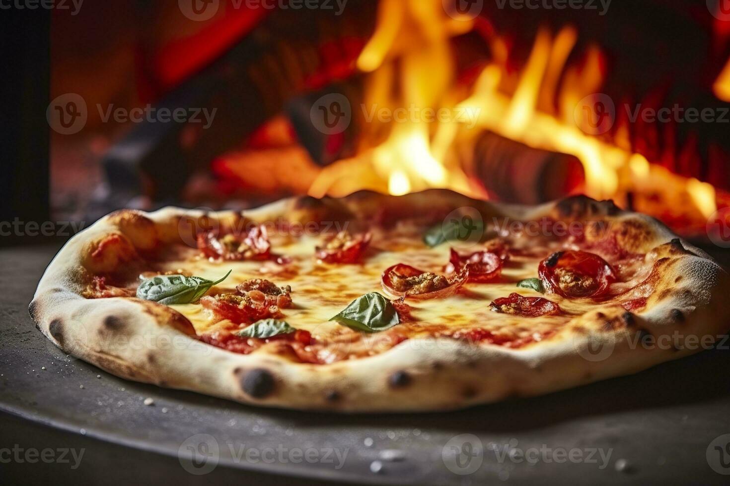 AI generated Freshly baked pizza closeup, traditional wood fired oven background. AI Generated photo