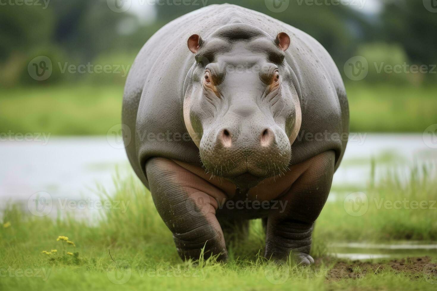 ai generado hipopótamo caminando en un verde campo. ai generado foto