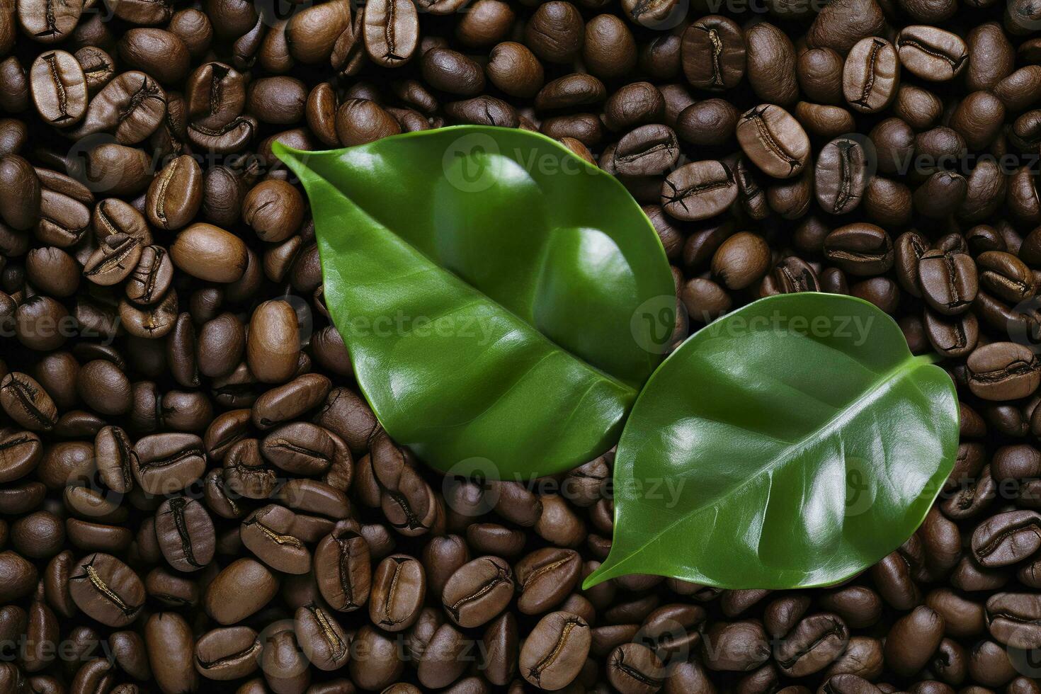 AI generated Green leaves with coffee beans as background. AI Generated photo