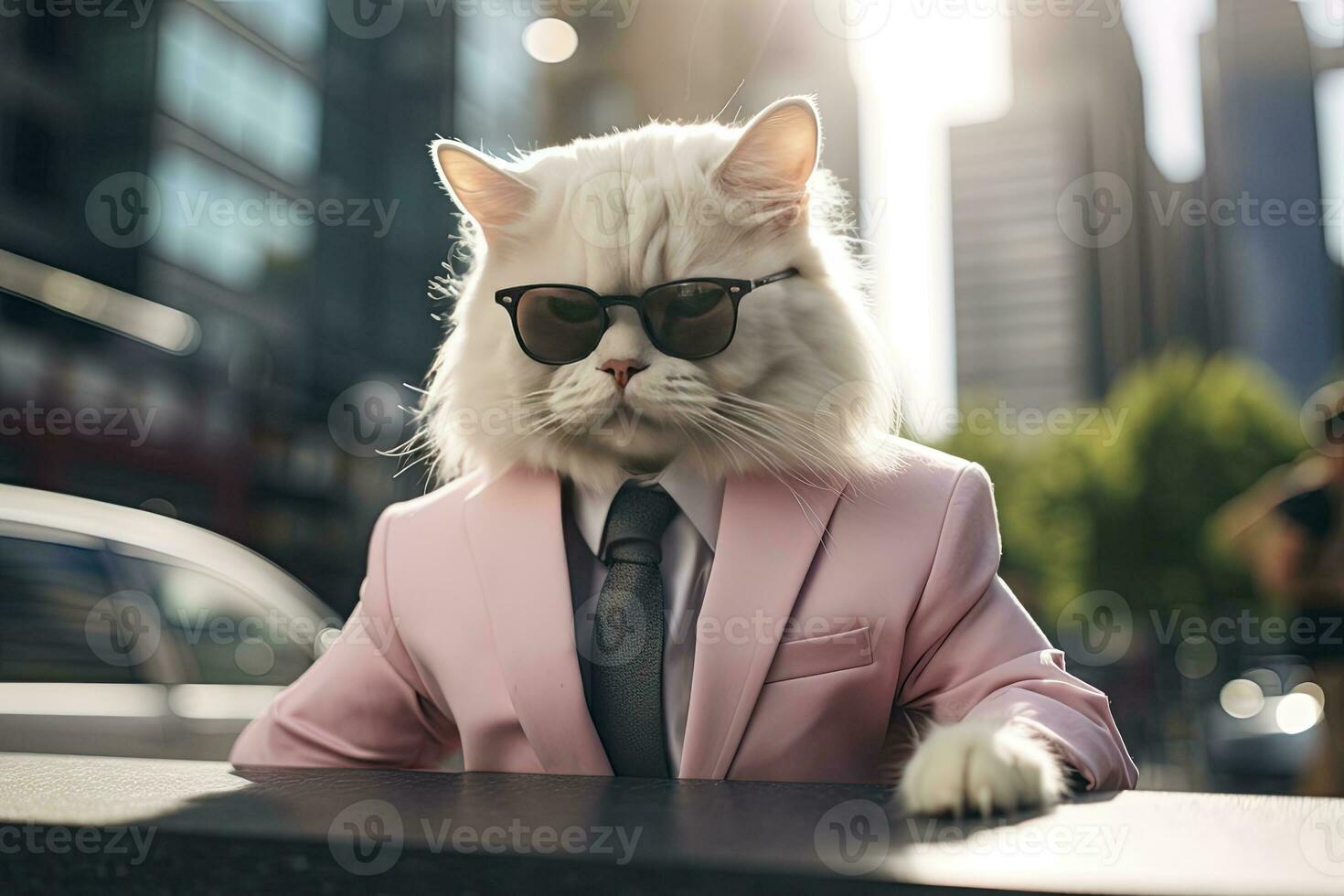 ai generado un gato es vistiendo Gafas de sol, traje y en pie en calle. ai generado foto