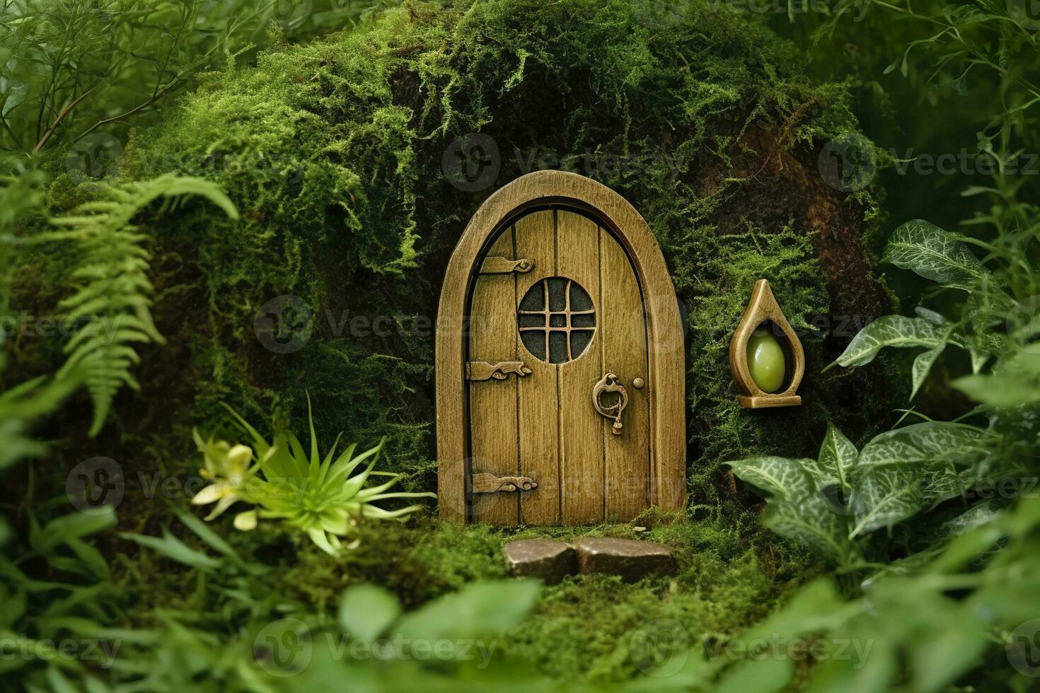 AI generated Little magic wooden fairy doors and plants leave on a mossy natural green background. AI Generated photo