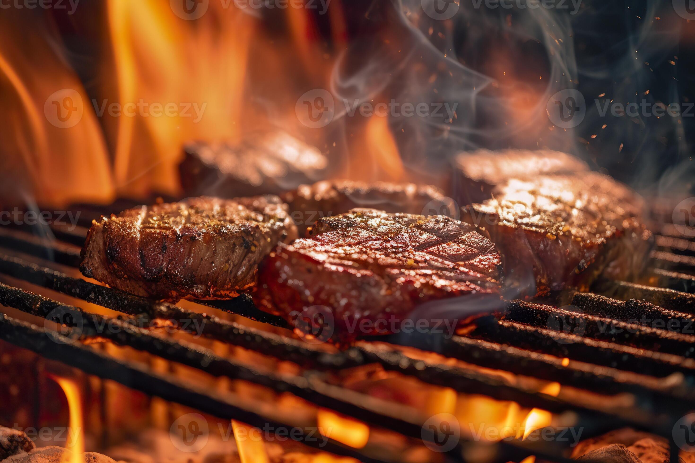 AI generated Meat grilling on a charcoal grill with smoke rising. AI