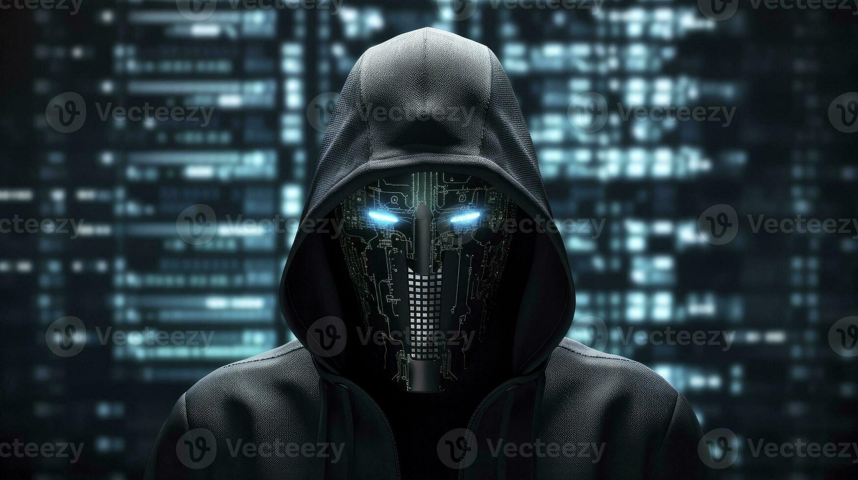 AI generated Binary Intrigue. Anonymous robotic hacker. Concept of hacking. AI Generated photo