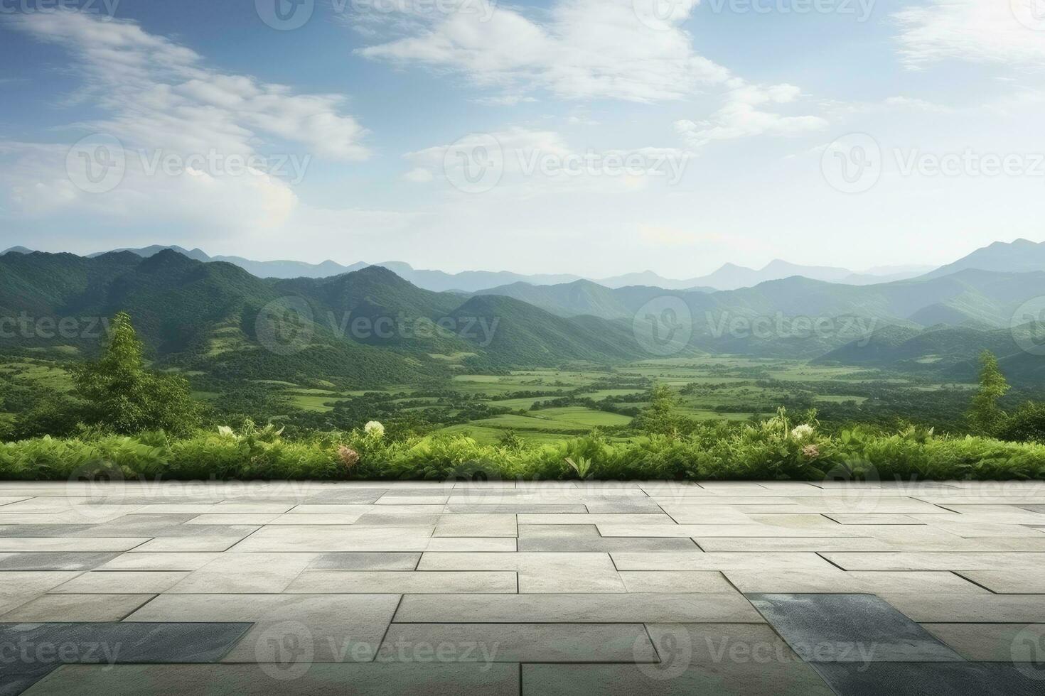 AI generated Square floor and green mountain nature landscape. AI Generated. photo