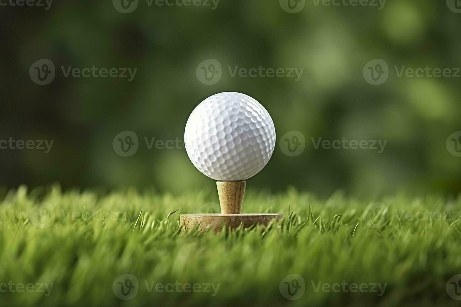 AI generated White golf ball on wooden tee with grass. Generative AI photo