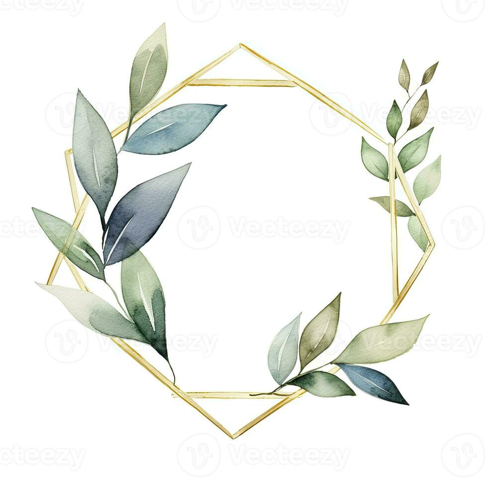 AI generated Watercolor geometry shape wreath with green leaf. AI Generated photo