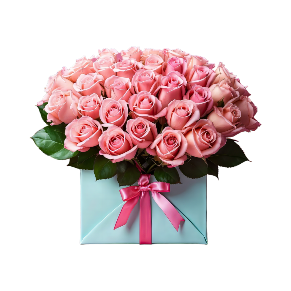 ai generado hermosa rosado Rosa ramo de flores con vistoso embalaje aislado en transparente antecedentes png