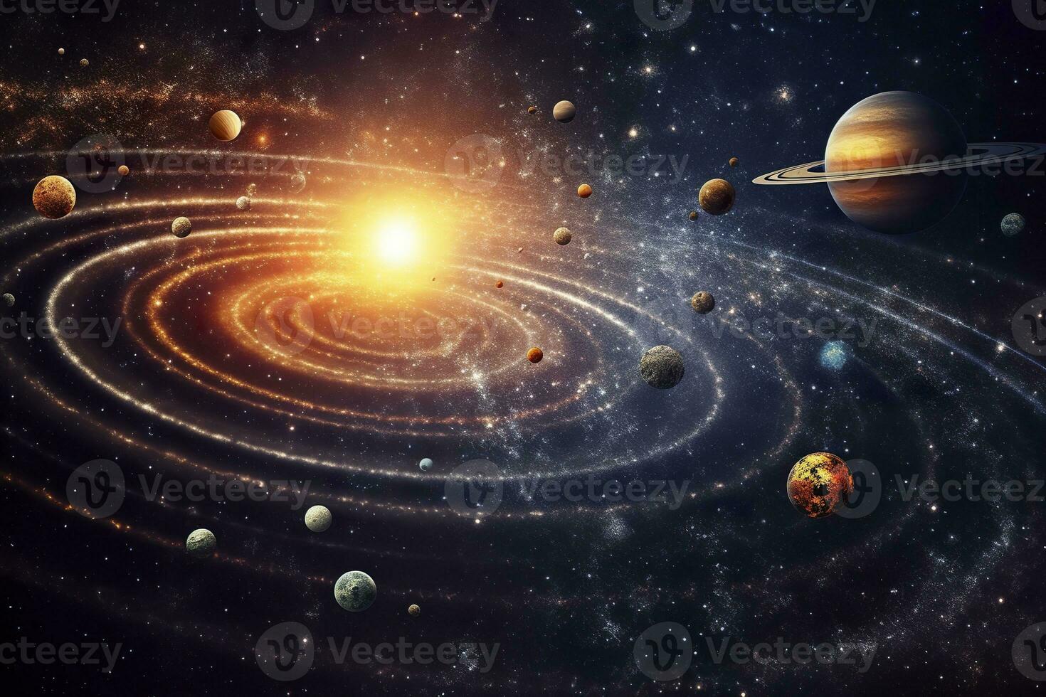 AI generated Our 3d Solar system with planets in orbits path. AI Generative photo