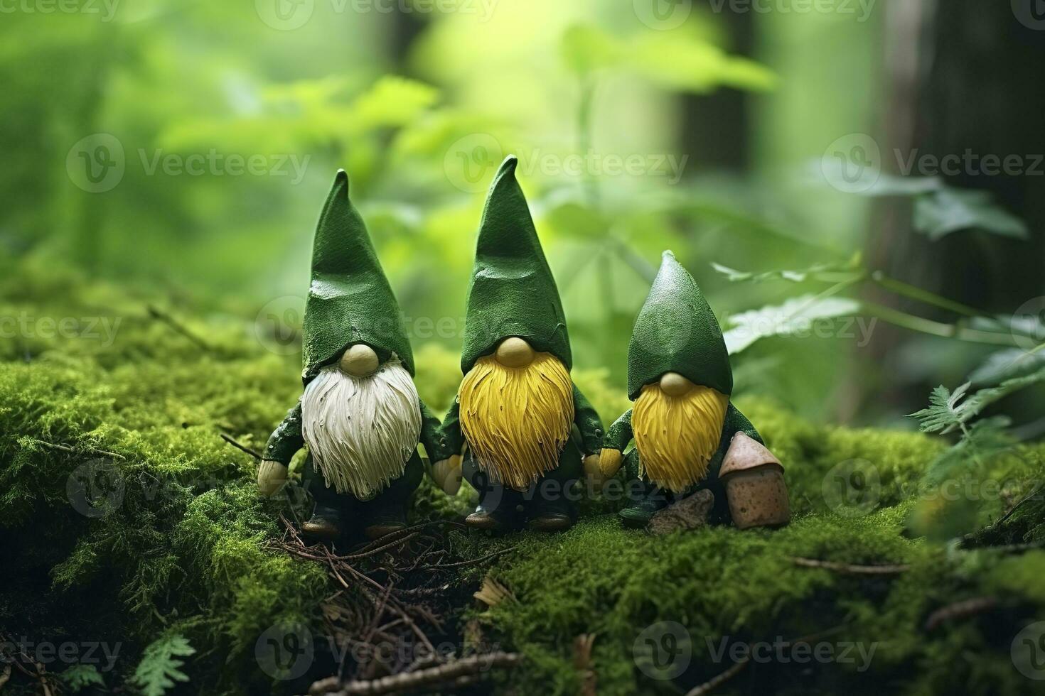 AI generated Toy Irish gnomes in a mystery forest, abstract green natural background. Generative AI photo