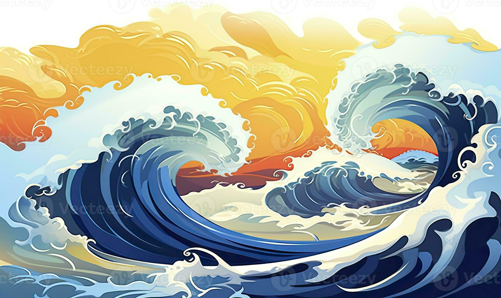 AI generated Ocean wave sun clouds, blue yellow abstract ocean wave. AI Generated. photo