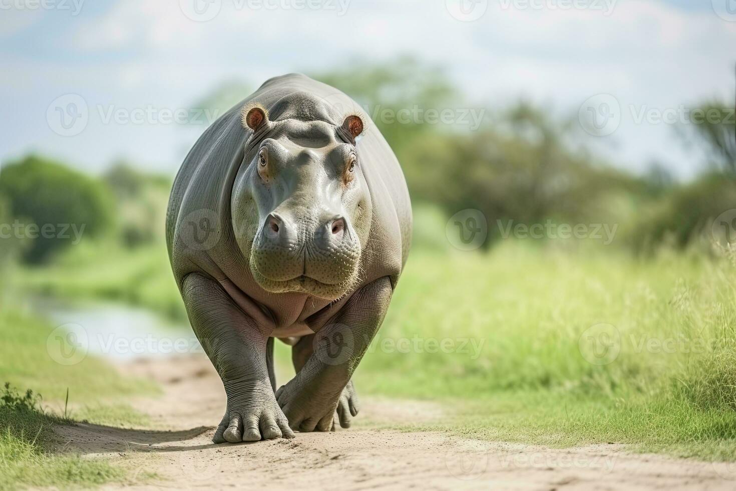 AI generated Hippopotamus Walking in a green field. AI Generated photo