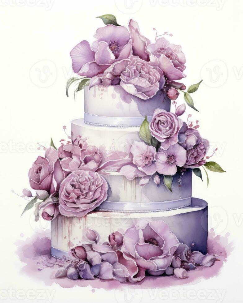 AI generated Watercolor wedding cake isolated on white background.  AI Generated photo