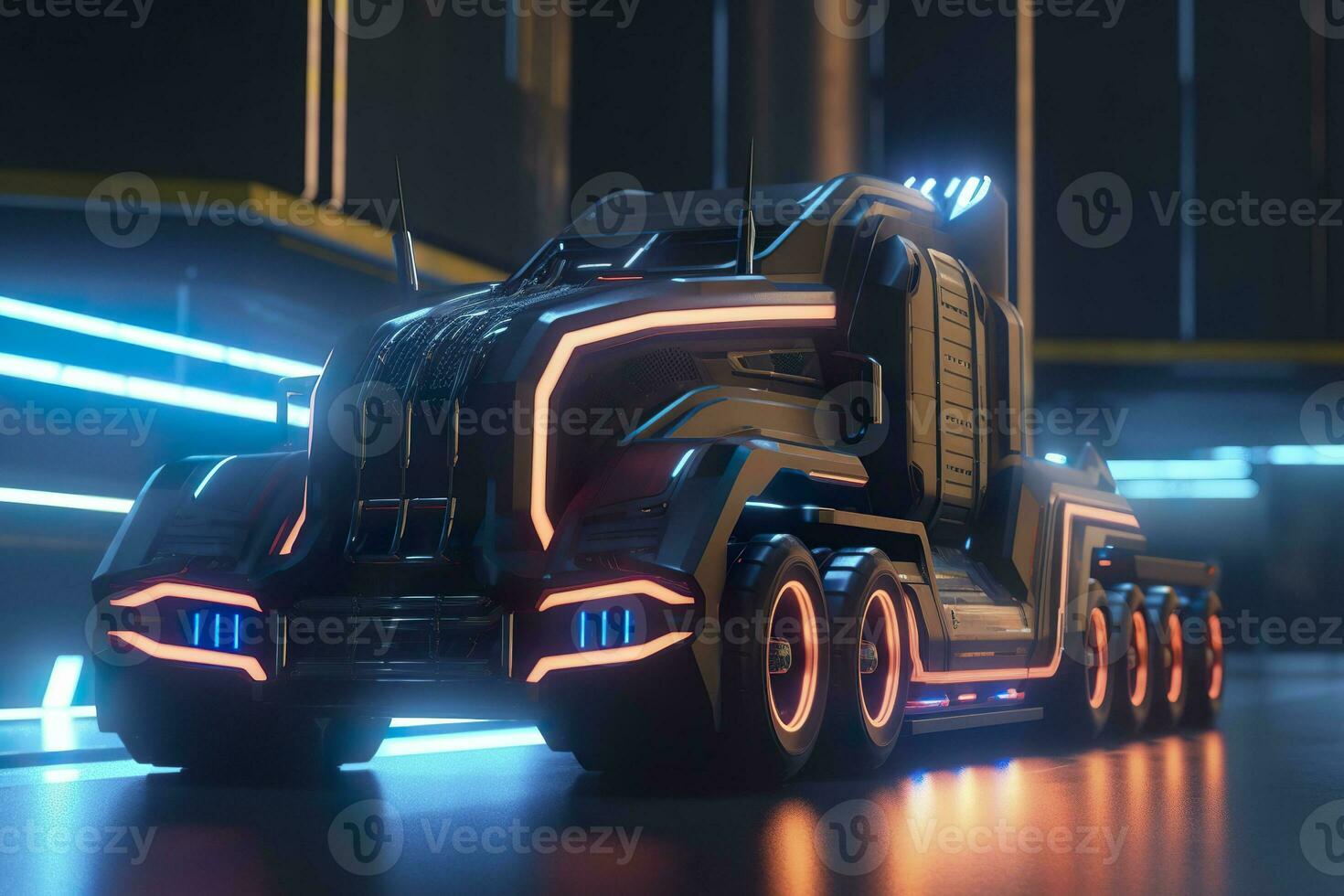 AI generated 23rd Century Futuristic Truck with Hyper Modern Drive, Wide Angle Lens, and Futuristic Skyscraper in the Background. AI Generative photo