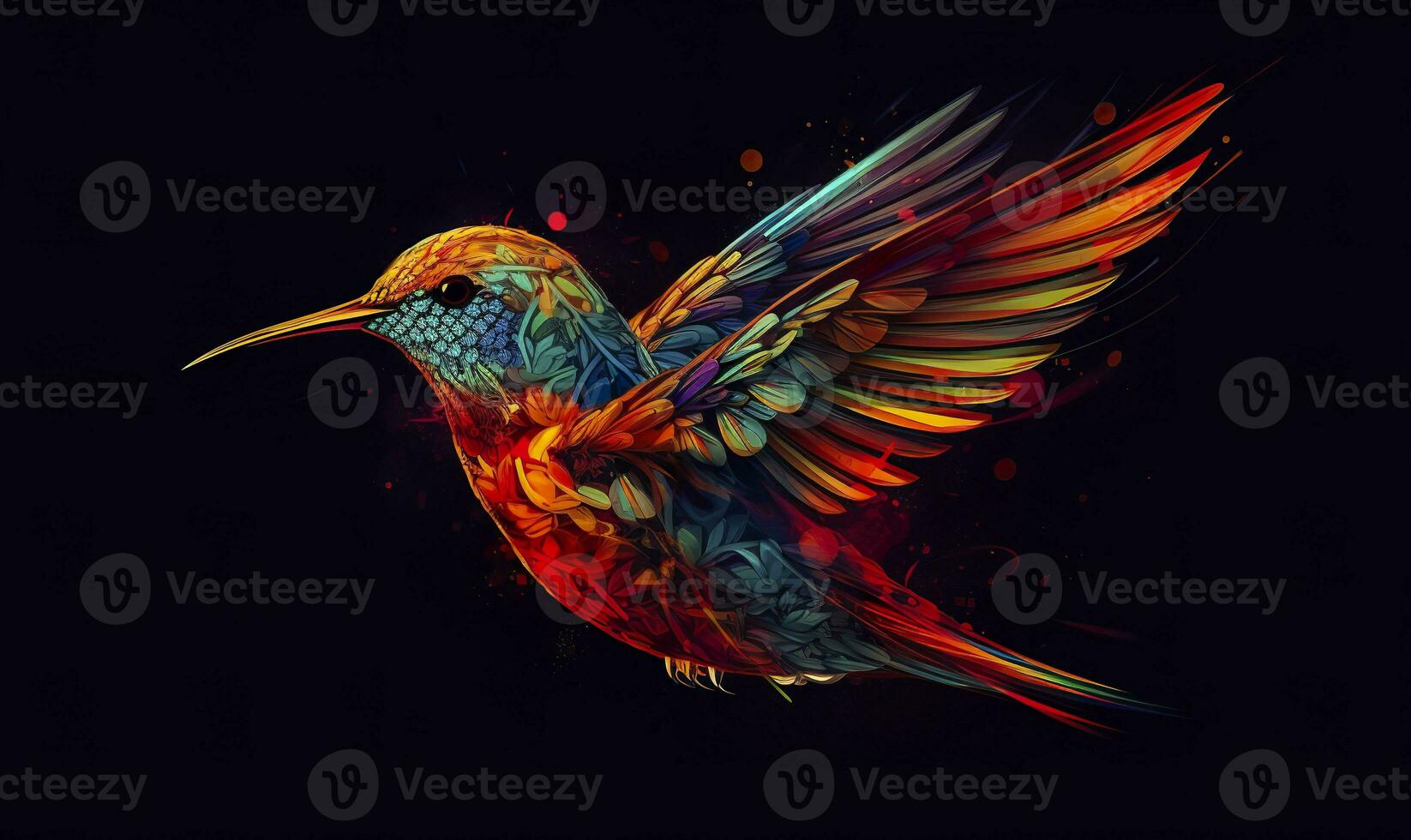 AI generated hummingbird logo with multiple colors flying through the air.  AI Generated photo