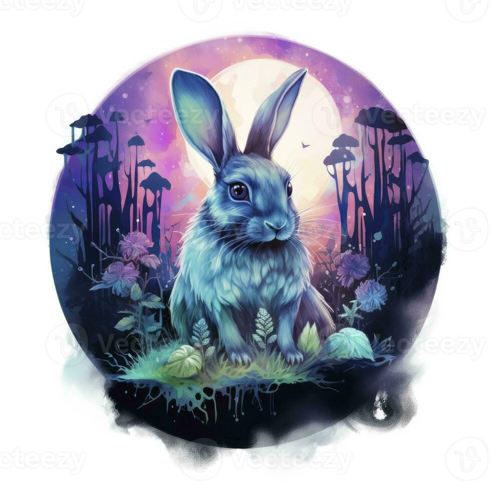 AI generated Watercolor Rabbit and Glowing Moon for T-shirt Design. AI Generated photo