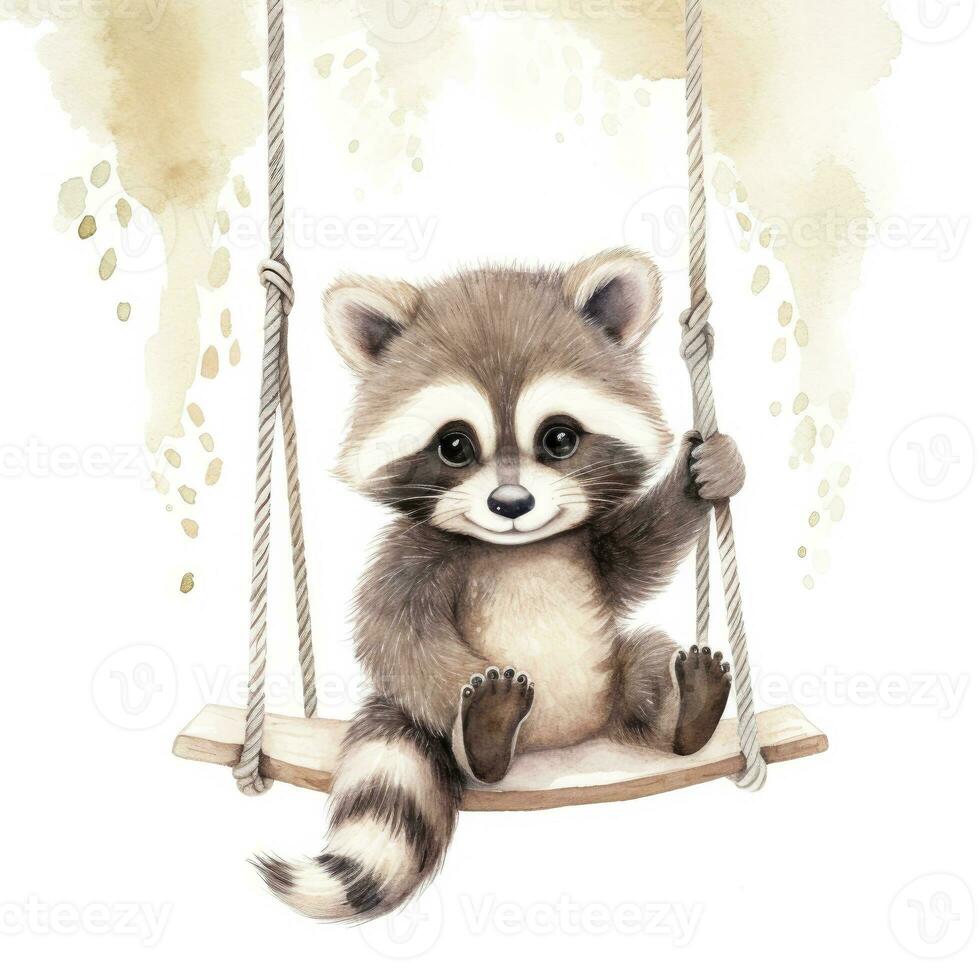 AI generated Cute baby raccoon in watercolour style, sitting on swings attached to the tree. AI Generated photo