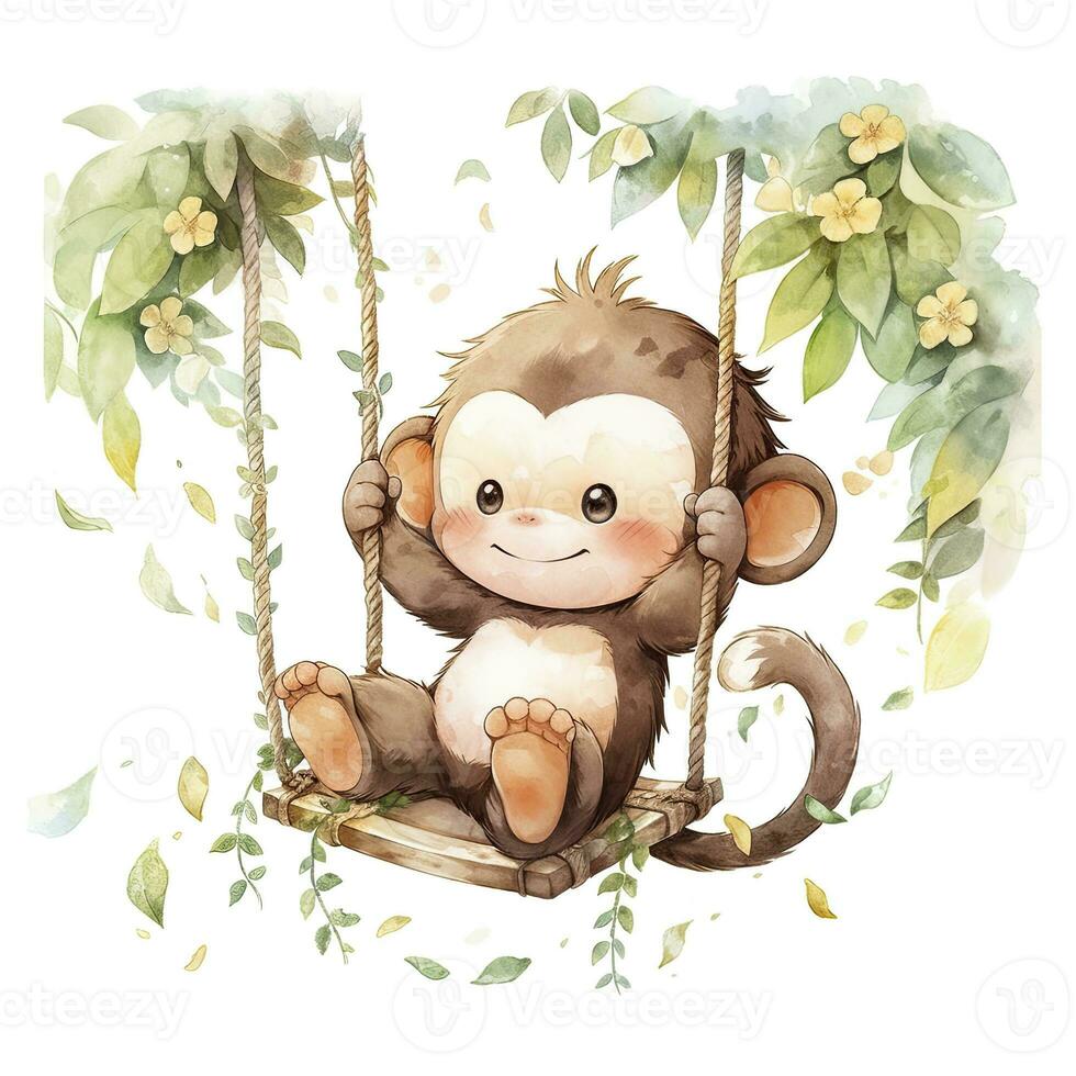 AI generated Cute happy baby monkey on swings on a tree in watercolor. AI Generated photo