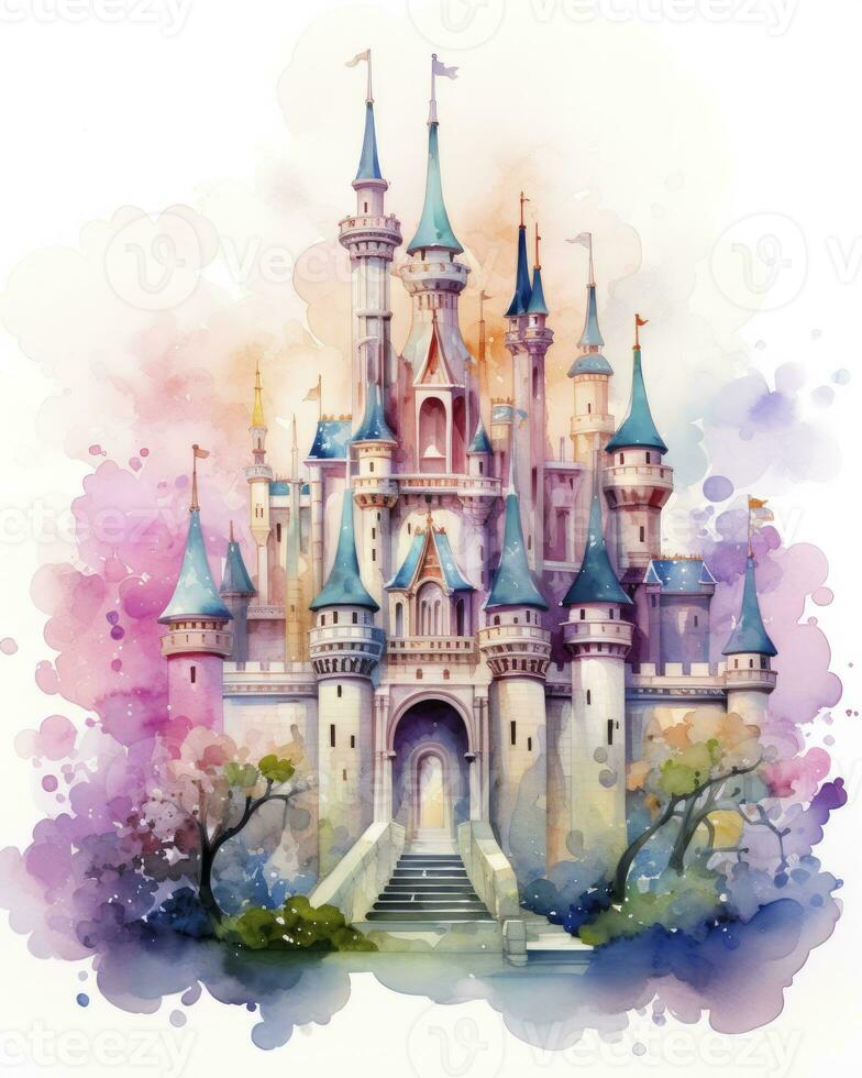 AI generated Colorful watercolor kawaii castle isolated on white background. AI Generated photo