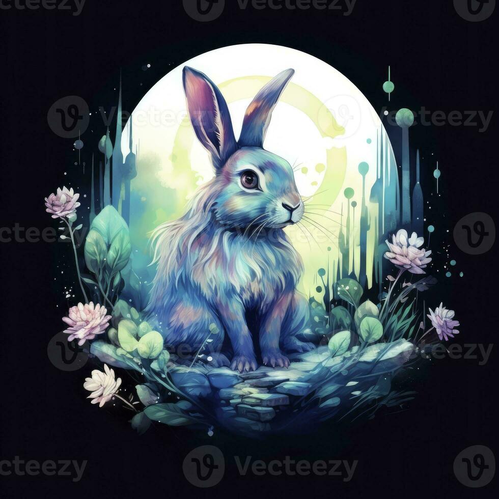 AI generated Watercolor Rabbit and Glowing Moon for T-shirt Design. AI Generated photo