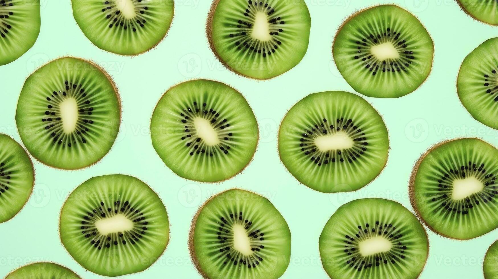 AI generated Slices of kiwi fruit and green mint leaves on a light pastel blue background. AI Generated photo