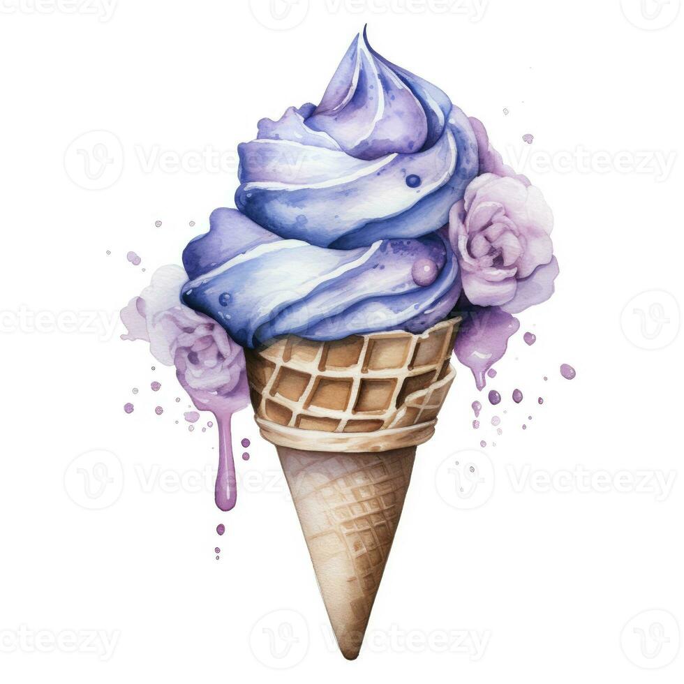 AI generated Watercolor ice cream in a waffle cone. AI Generated photo