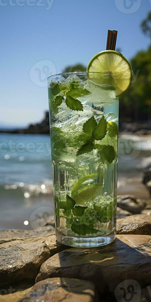 AI generated Stunning photo of cocktail mojito, a sunny summer beach in the background. Generative AI