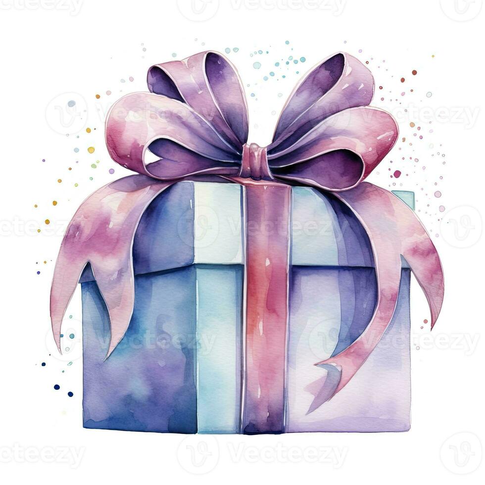 AI generated Watercolor birthday present with bow isolated on white background.  AI Generated photo