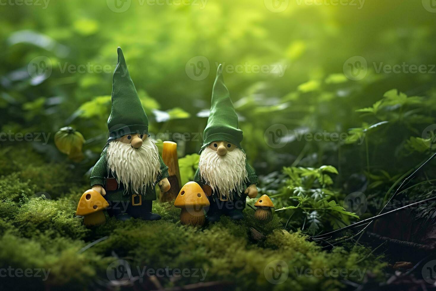 AI generated Toy Irish gnomes in a mystery forest, abstract green natural background. Generative AI photo