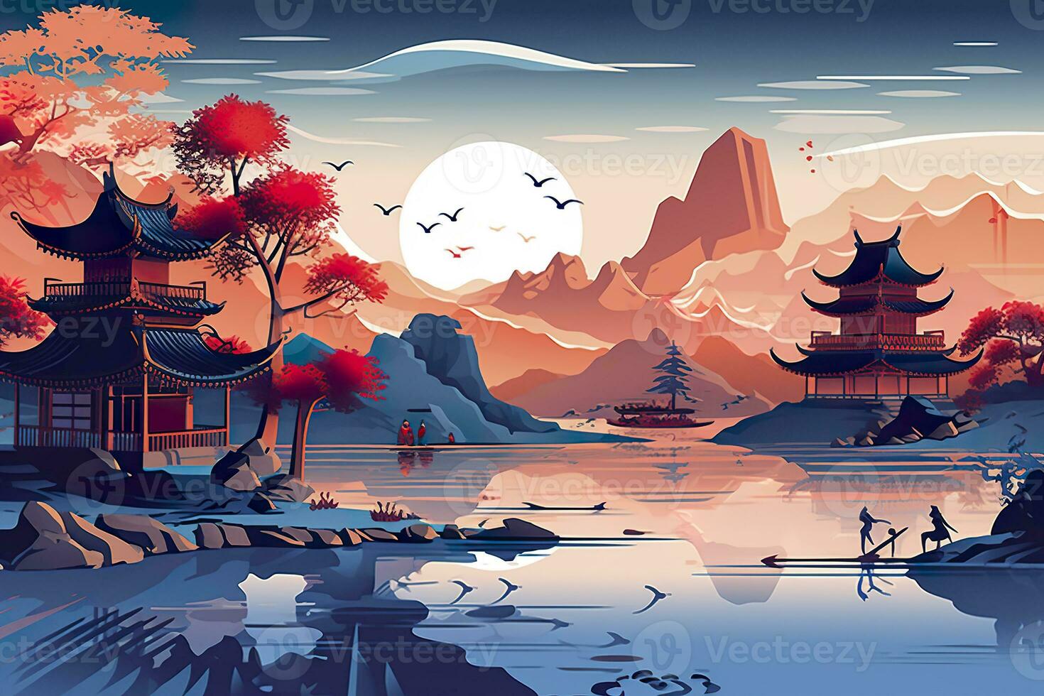AI generated Chinese landscape map, distant mountains, clear rivers, ancient buildings, ships, birds, clouds and mist, brilliant light, AI Generative photo
