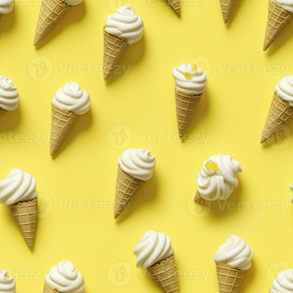 AI generated Ice Cream pattern on yellow background, top view. AI Generated photo