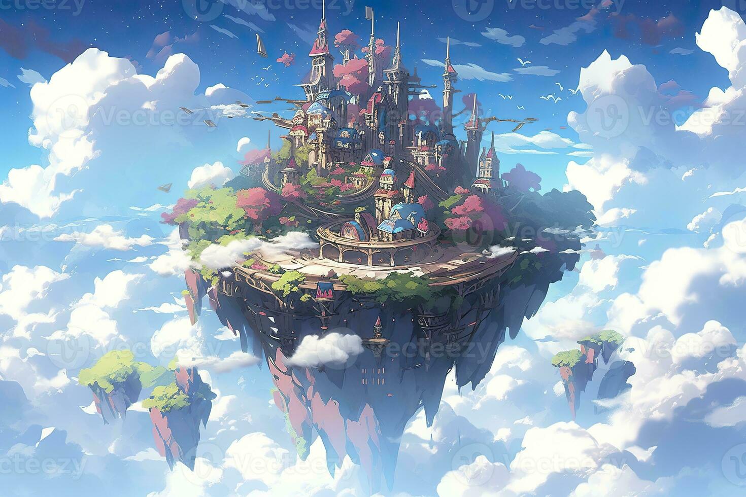 AI generated Ancient Heavenly Floating island in the sky with a castle, vibrant, fantasypunk, AI Generative photo