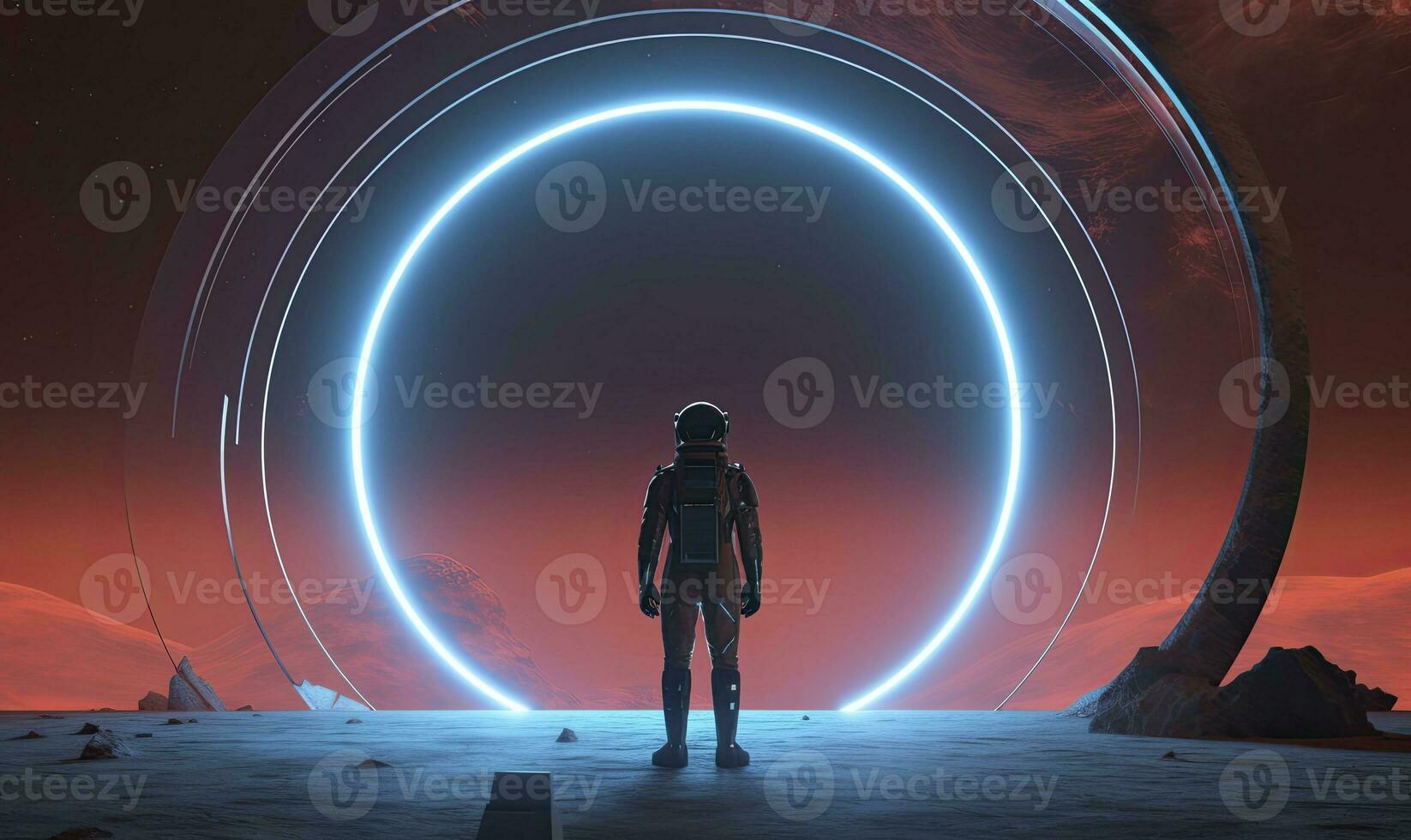 AI generated Astronaut in front of dimensional portal.  AI Generated. photo