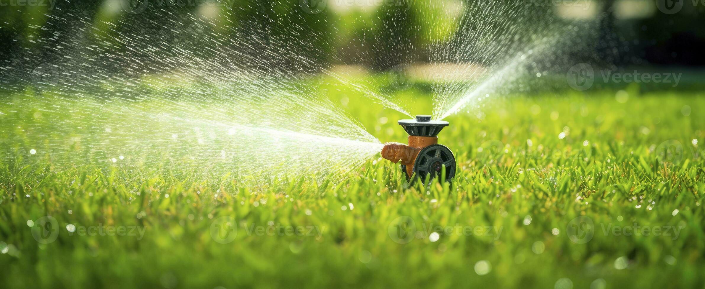 AI generated Automatic garden lawn sprinkler in action watering grass. AI Generated photo