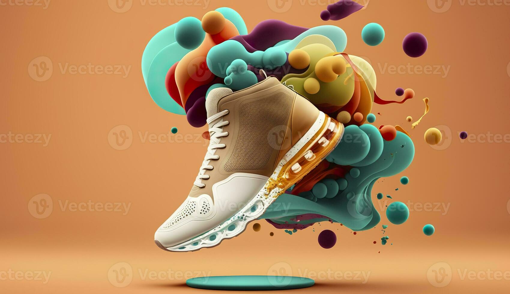 AI generated Flying trendy sneakers on creative colorful background, Stylish fashionable concept. AI Generated photo