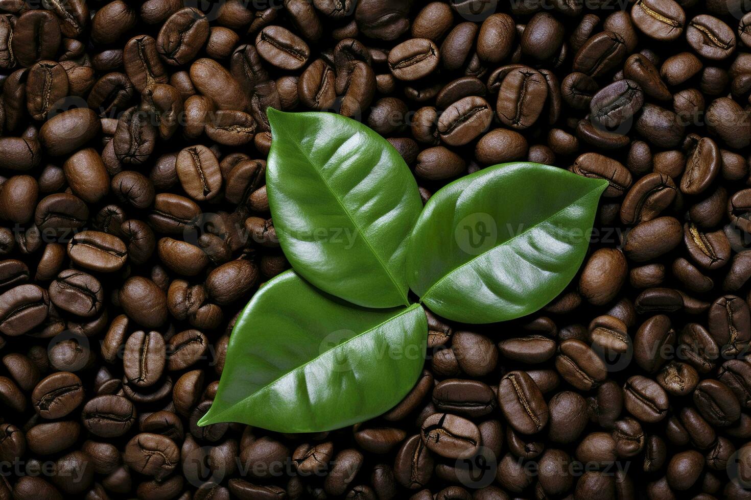 AI generated Green leaves with coffee beans as background. AI Generated photo