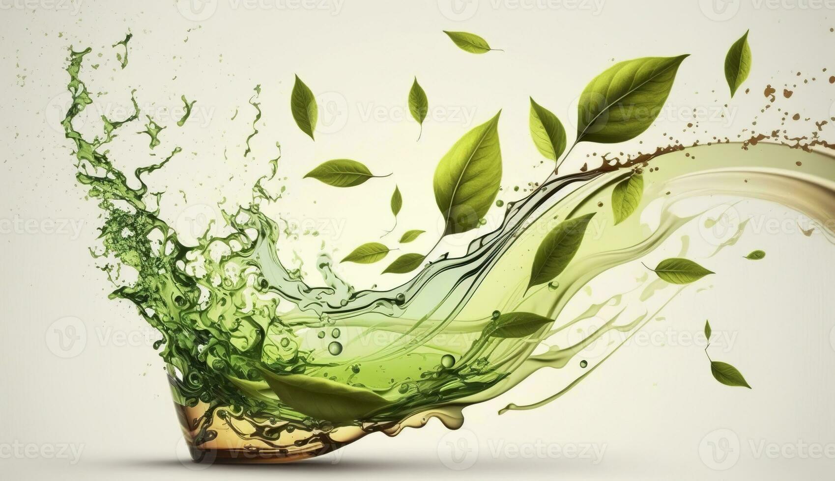 AI generated Green herbal tea wave splash with leaves flow. AI Generated photo