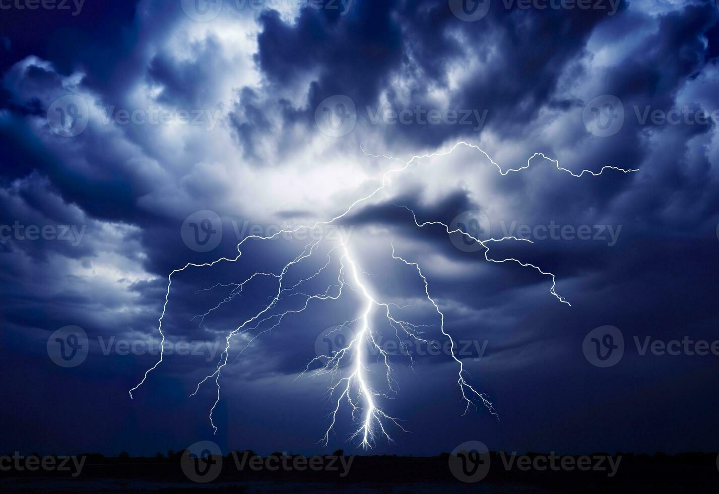 AI generated Lightning strikes on a cloudy dramatic stormy sky. AI Generated photo