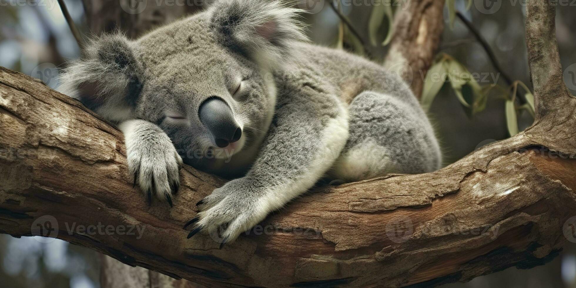 AI generated Koala asleep in tree. AI Generated photo