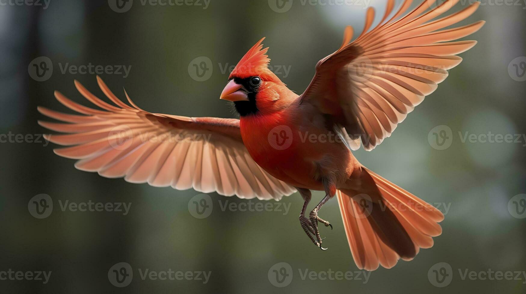 AI generated Northern Cardinal coming in for a landing. Generative AI photo