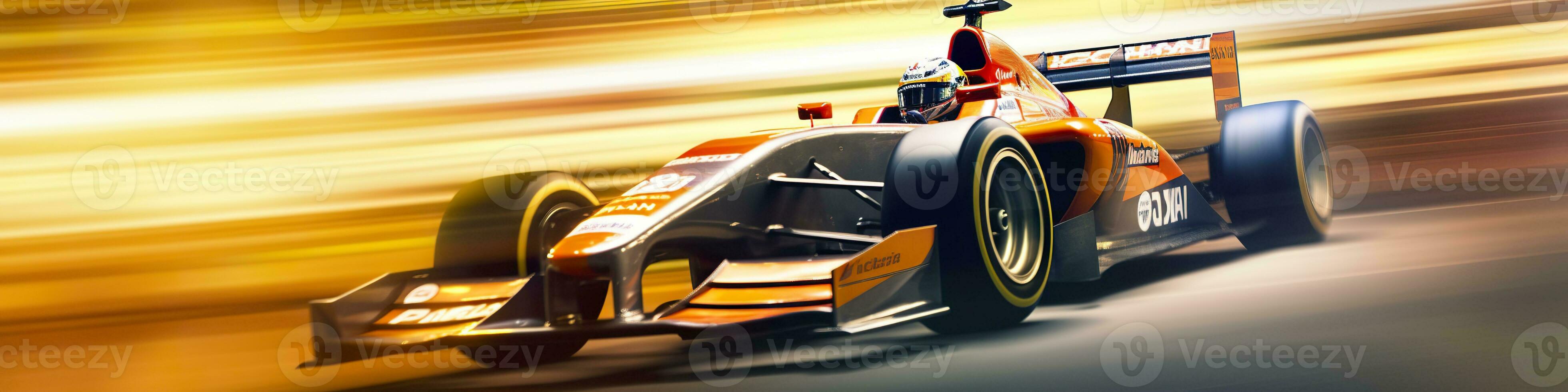 AI generated Racing car at high speed. Racer on a racing car passes the track. Motor sports competitive team racing. Motion blur background. Generative AI photo