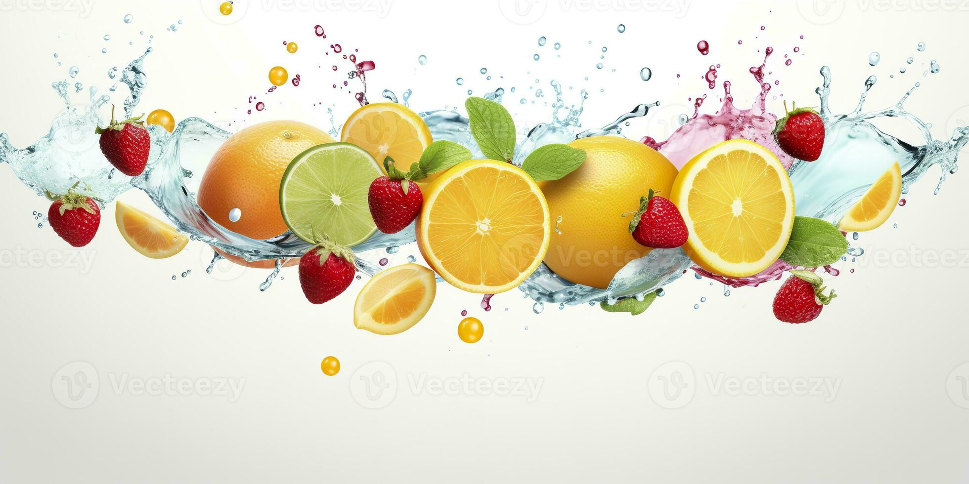 AI generated Swirl water splash with fruits. liquid flow with ice cubes and a mix of fresh fruits. Generative AI photo