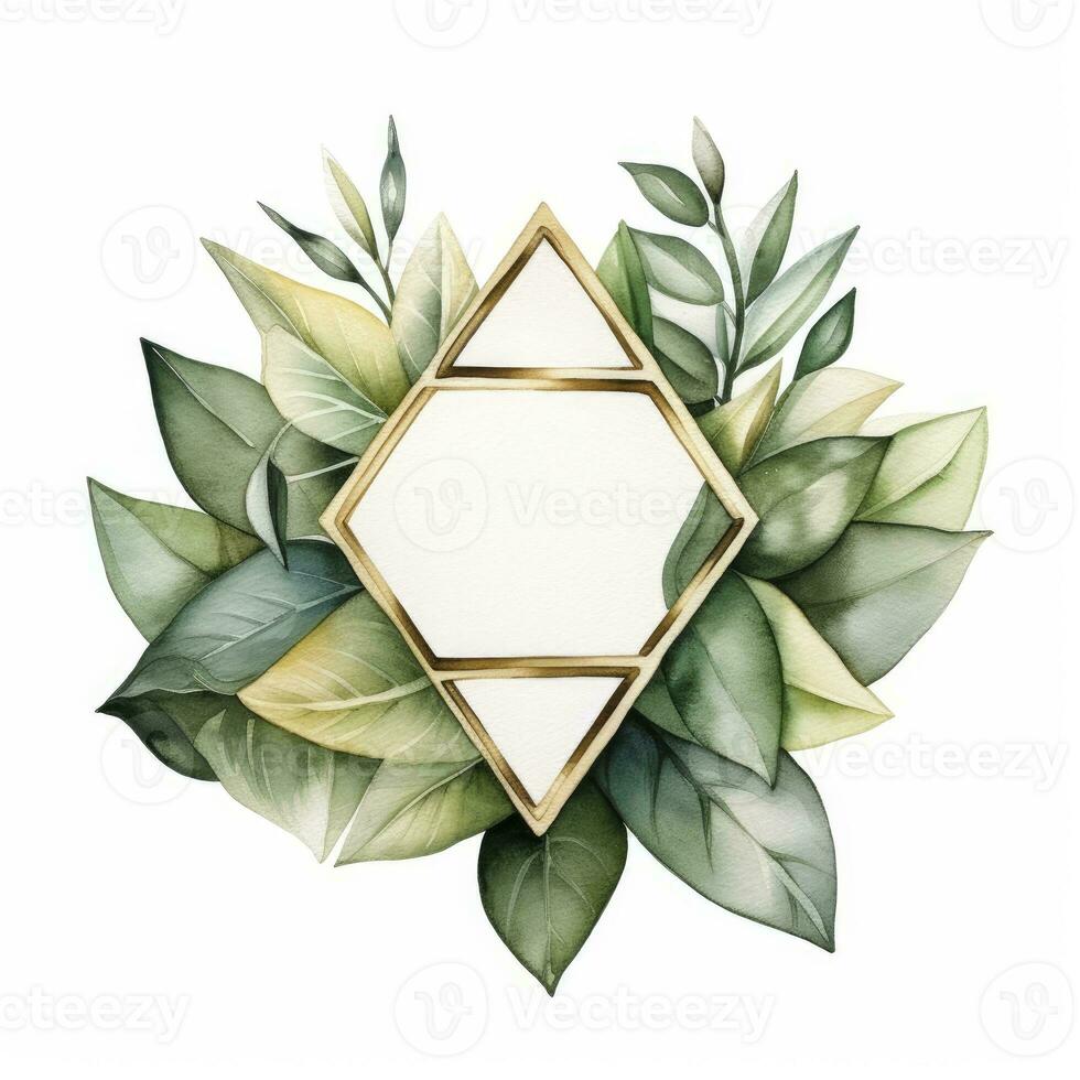 AI generated Watercolor geometry shape wreath with green leaf. AI Generated photo