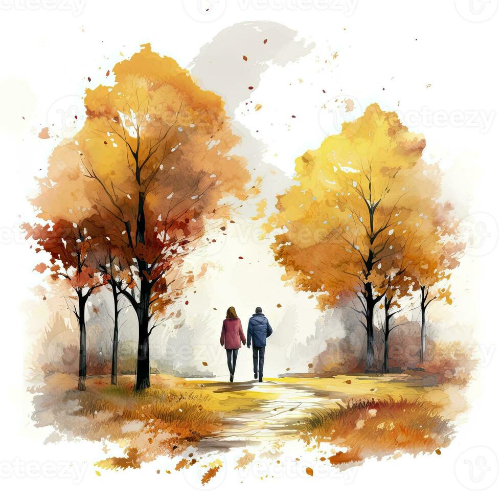 AI generated Watercolor autumn landscape with a couple walking. AI Generated photo