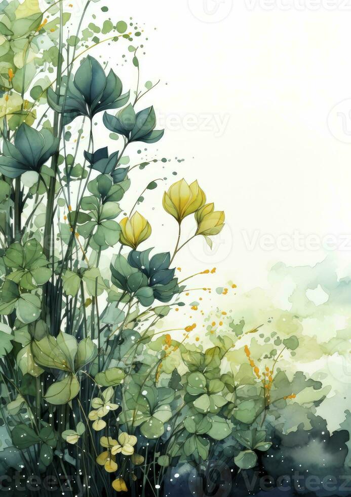 AI generated Floral frame with green leaves on white background. AI Generated photo