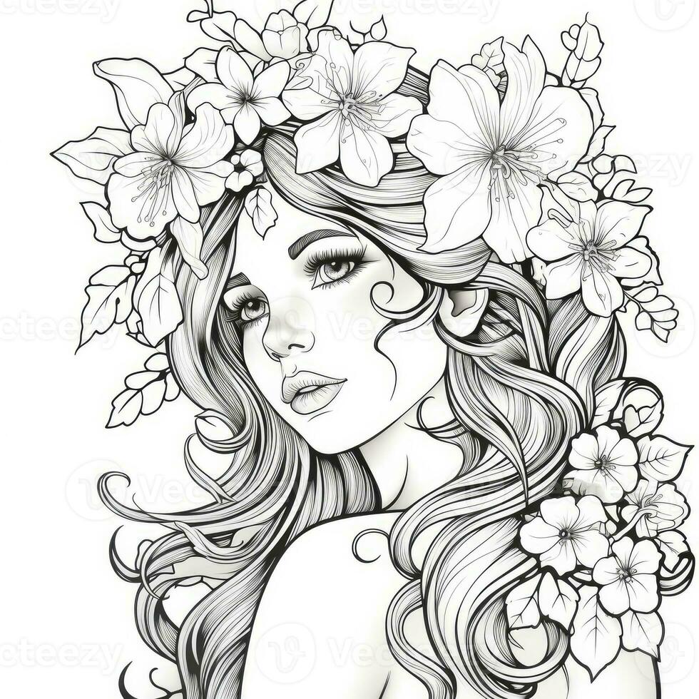 AI generated A girl on a coloring book page with Jasmine flowers. AI Generated photo
