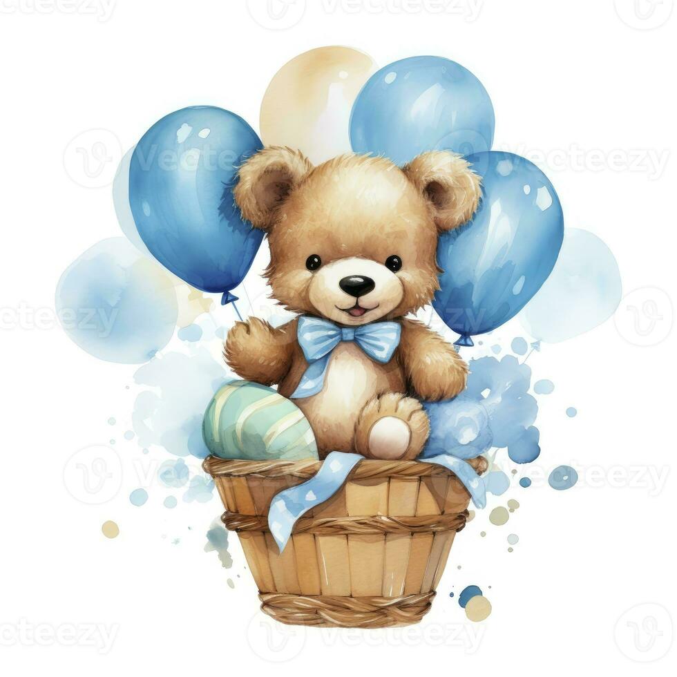 AI generated A watercolor baby teddy bear is sitting in the basket with blue and gold balloons. AI Generated photo